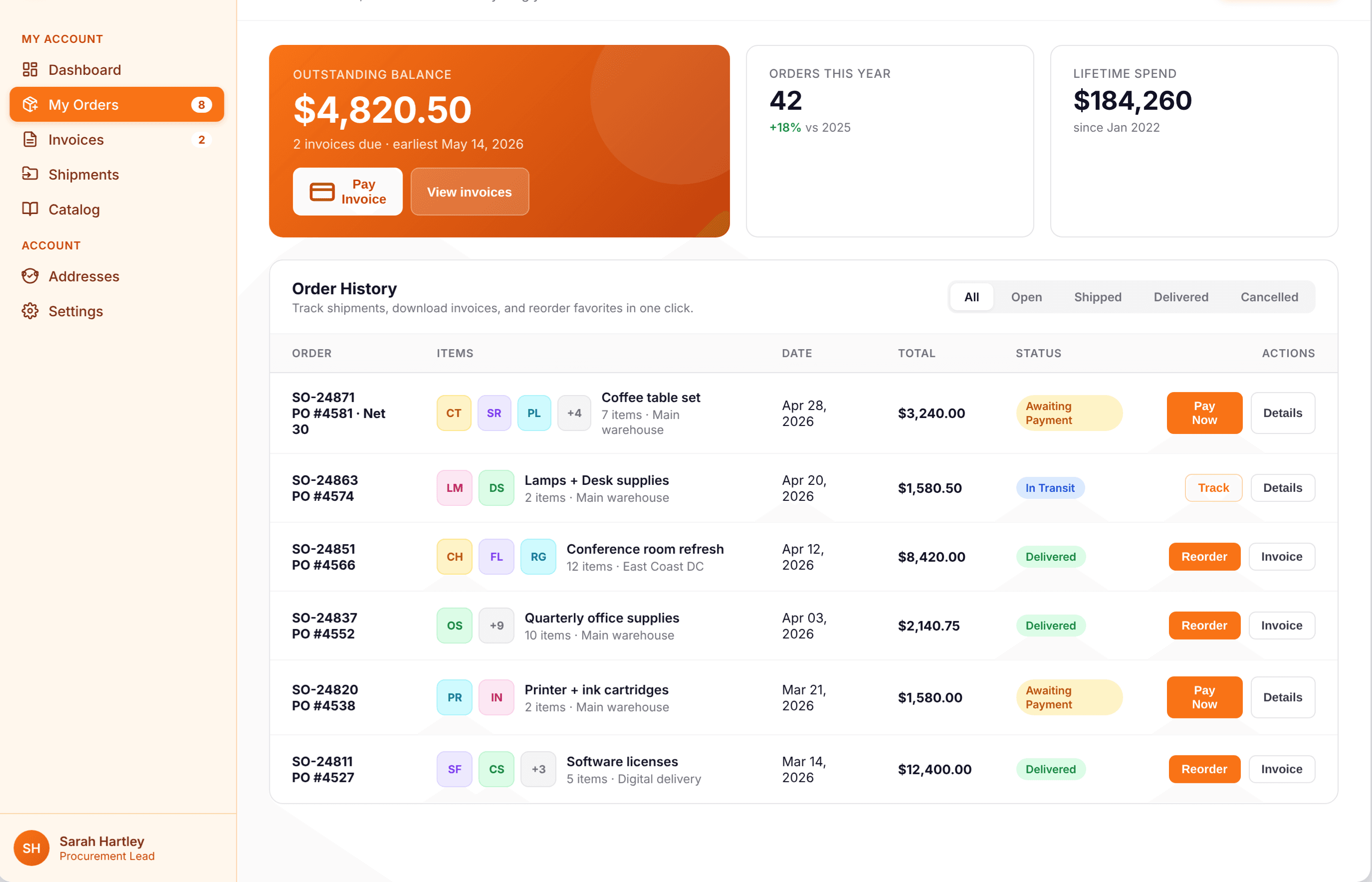 Customer portal — order history and invoice list